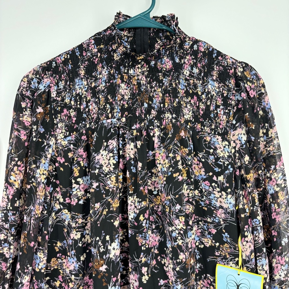 CeCe Womens Medium Ruffled Yoryu Dress Black Ditsy Multi Floral Long Sleeves - Picture 3 of 12
